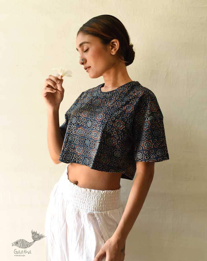 buy Vegetable Dyed Crop Top with Ajrakh Block Print