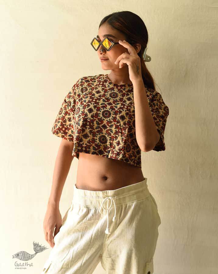 buy Beige ajrakh hand block printed Crop Top