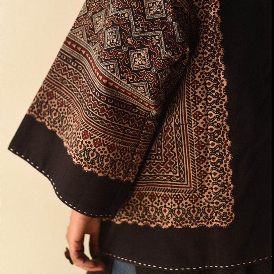 shop Denim & Ajrakh Reversible Cotton Jacket With Kantha Stich