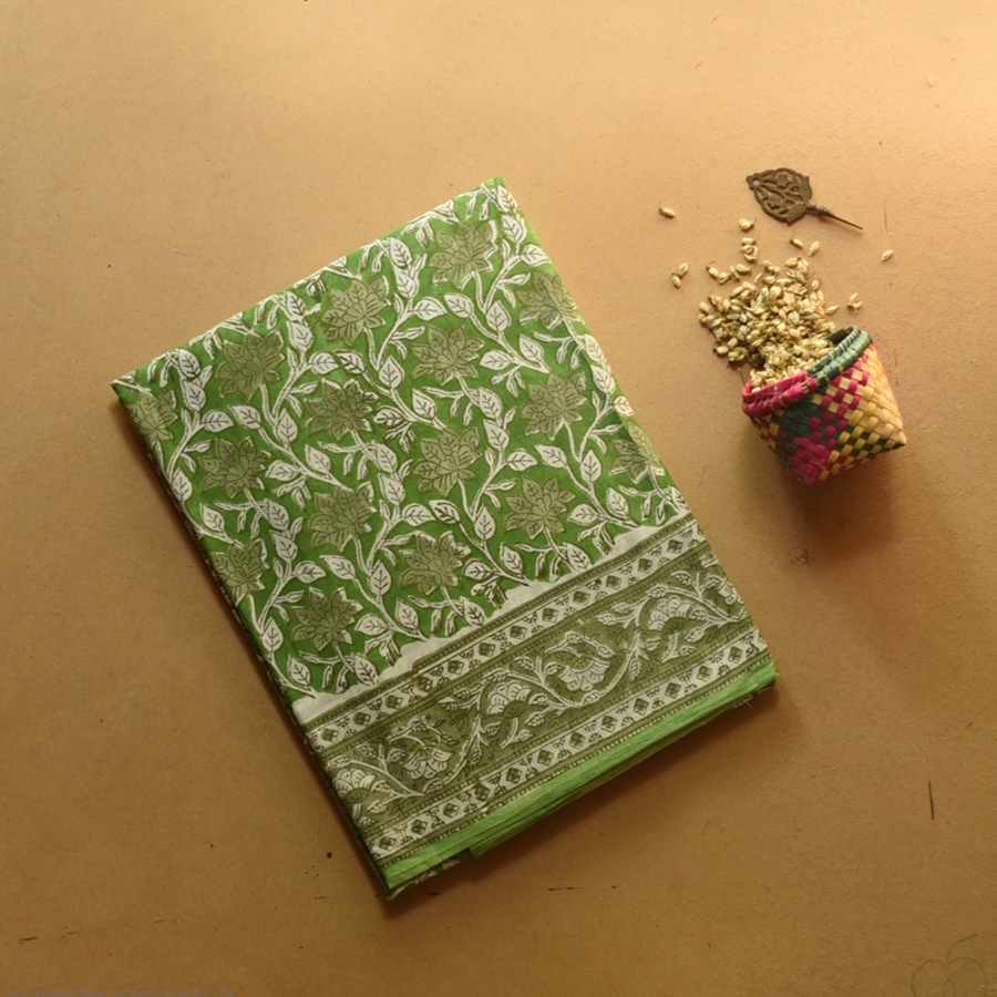 shop summer Special Bagru Printed Cotton Green Saree