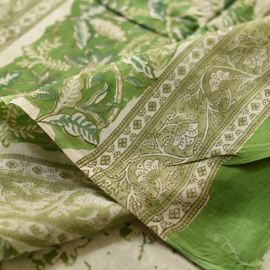 shop summer Special Bagru Printed Cotton Green Saree