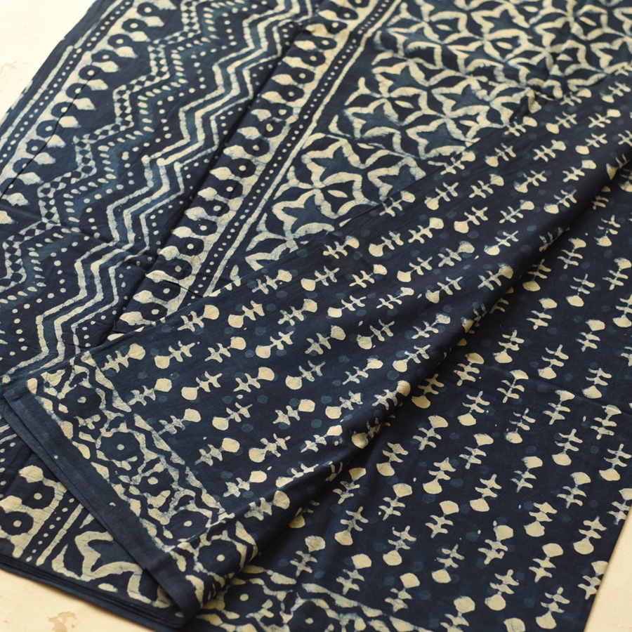 Exclusive Block Printed Dabu ~ Indigo Pure Cotton Saree