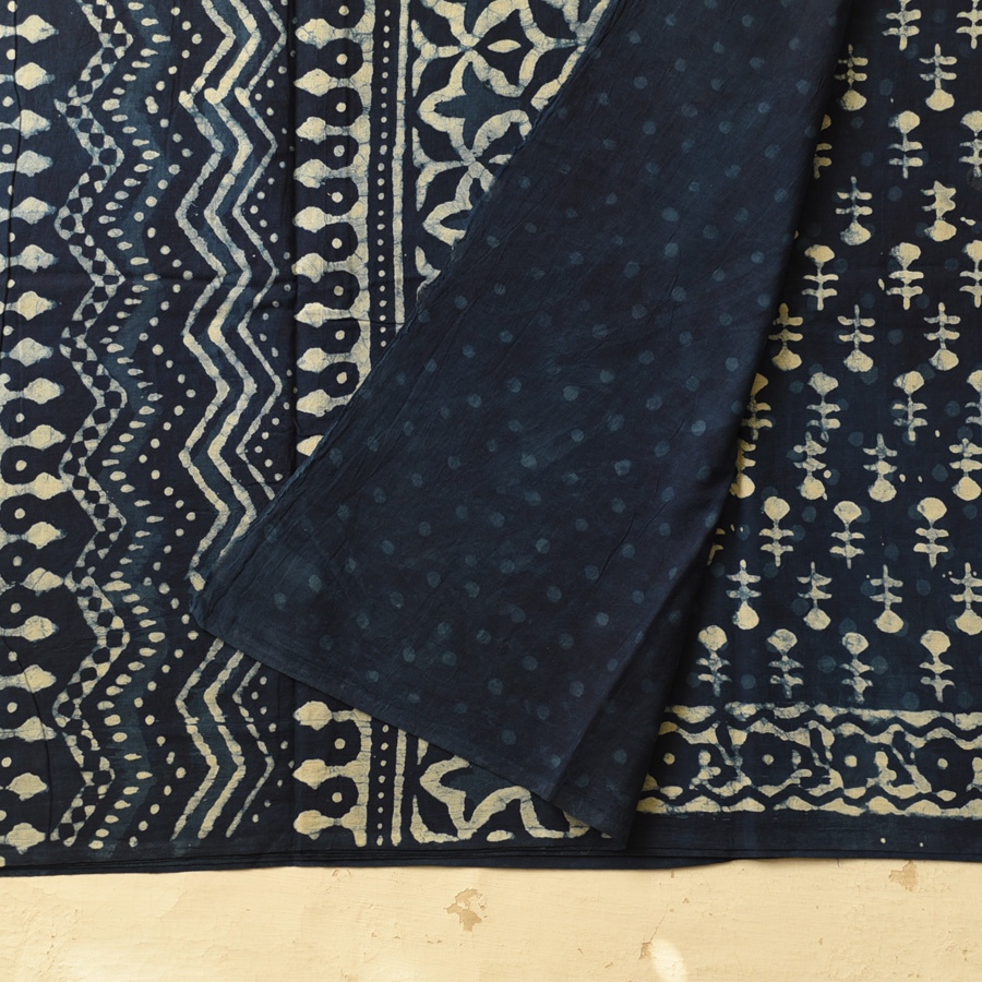 Exclusive Block Printed Dabu ~ Indigo Pure Cotton Saree