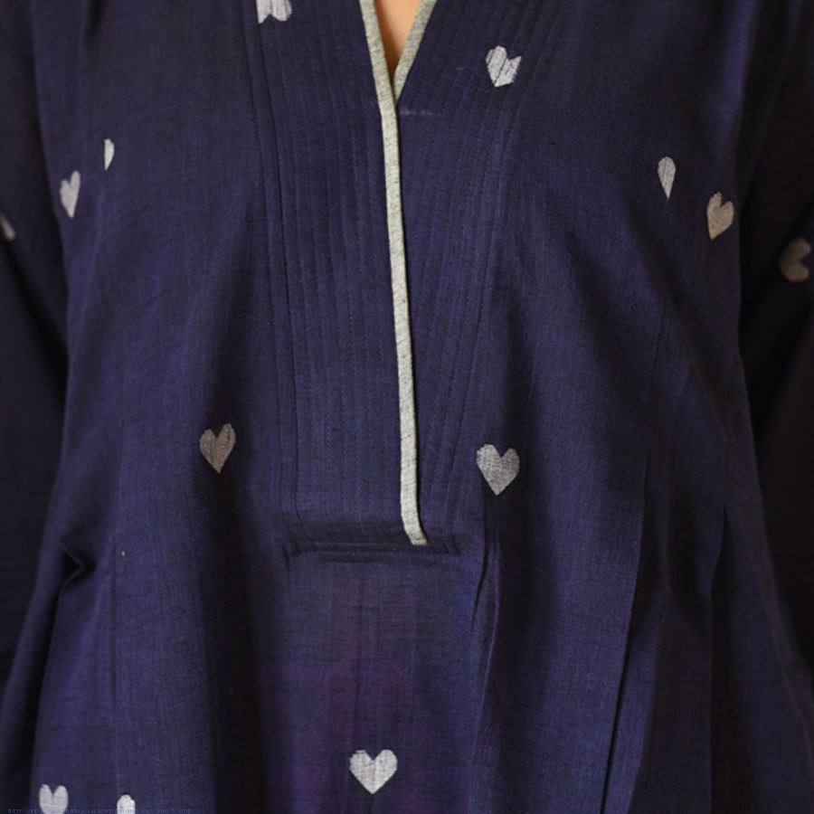 shop Jamdani Handloom Cotton Navy Blue Dress - Heart Motif