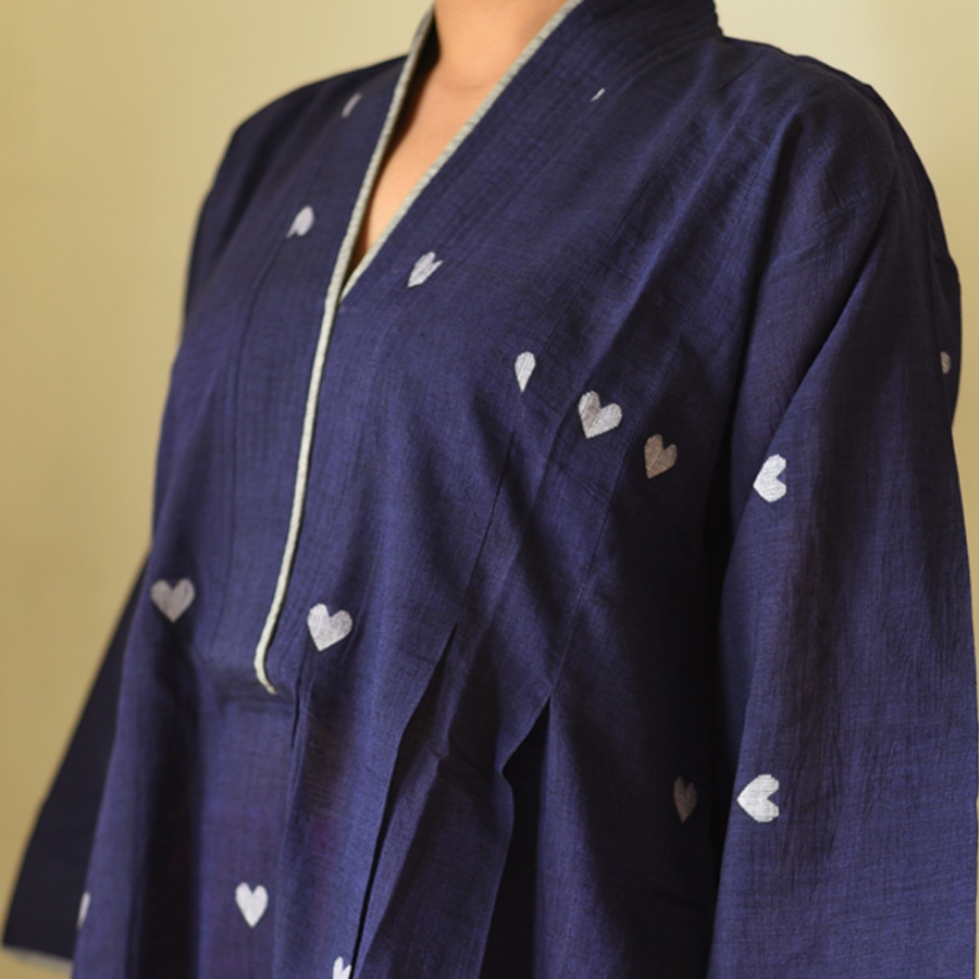 shop Jamdani Handloom Cotton Navy Blue Dress - Heart Motif