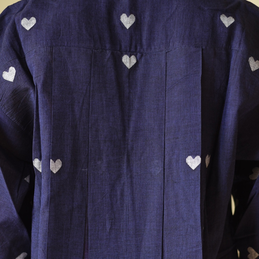 shop Jamdani Handloom Cotton Navy Blue Dress - Heart Motif