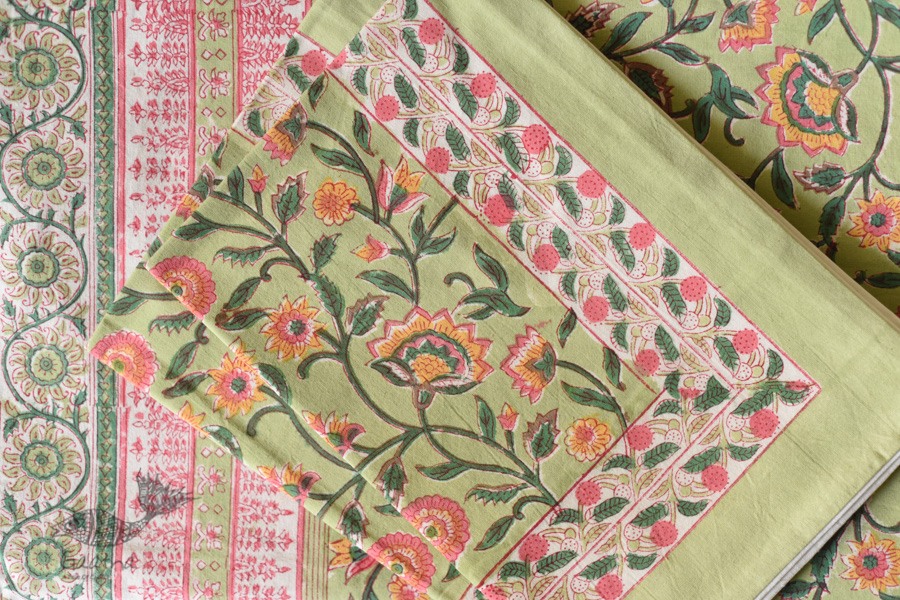 shop Sanganeri Hand block Printed Double Bedsheet  with Pillow Covers- Light Green