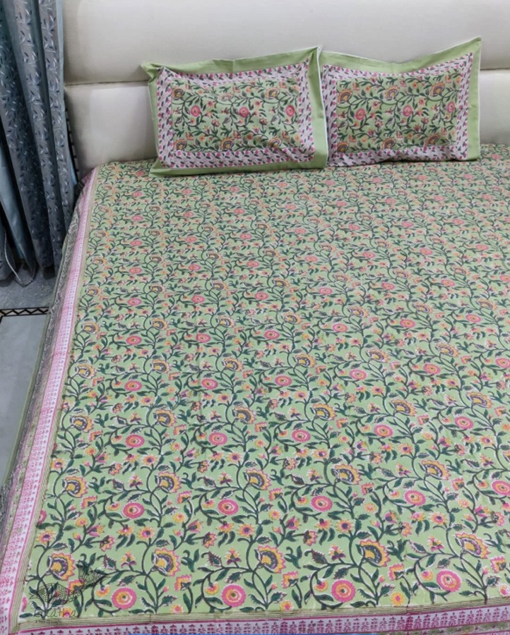 shop Sanganeri Hand block Printed Double Bedsheet  with Pillow Covers- Light Green