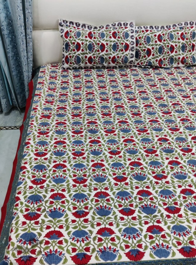 shop Sanganeri Hand block Printed Double Bedsheet  with Pillow Covers- Red Flowers