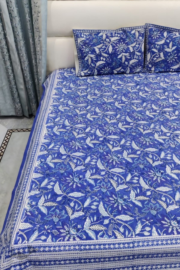 shop Sanganeri Hand block Printed Bedsheet with Pillow Covers- Indigo
