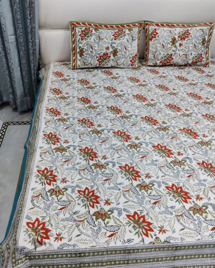 shop Sanganeri Hand block Printed King Size Bedsheet with Pillow Covers