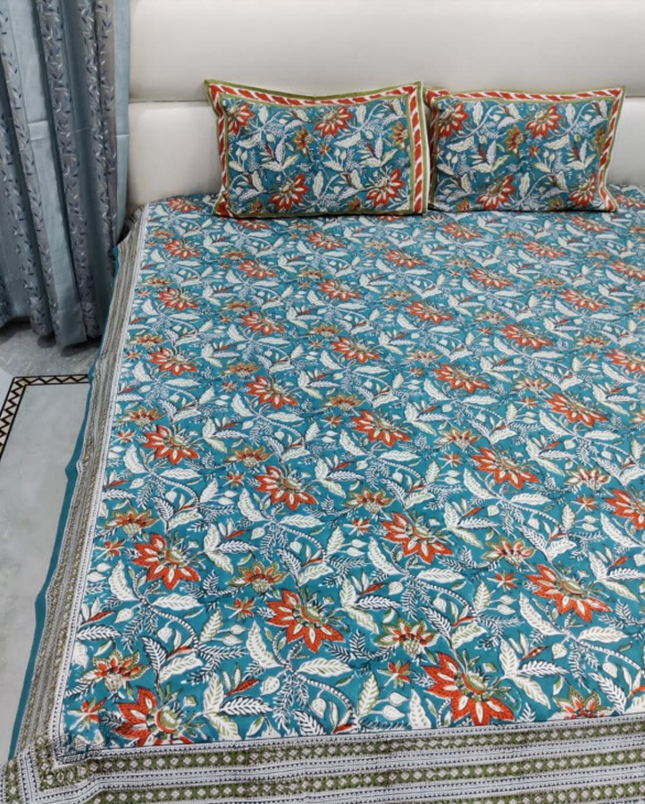 shop Sanganeri Hand block Printed Double Bedsheet With Two Pillow Covers