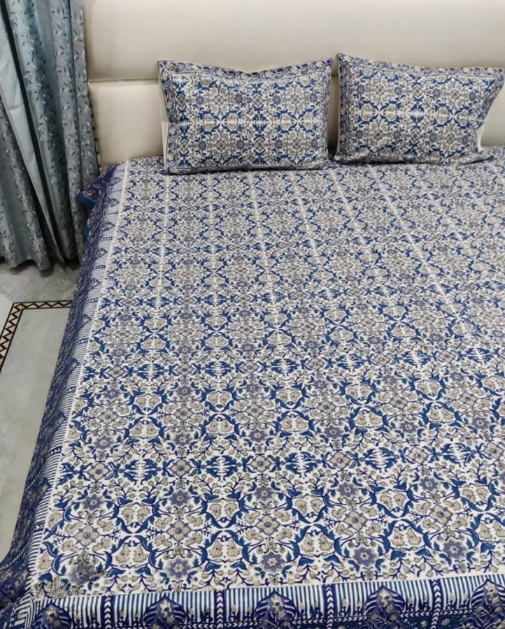 shop Sanganeri Printed Double Bedsheet  with Pillow Covers- Blue & White