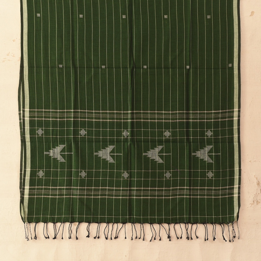 shop Handloom Soft Cotton Jamdani Stole - Bottle Green