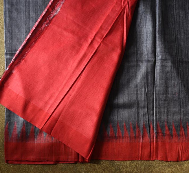 shop Handwoven Pure Tussar Silk Saree - Black With Red Border