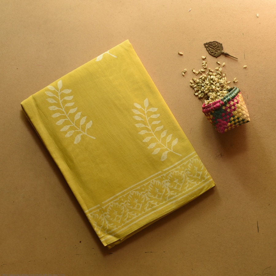 shop Bagru Printed Cotton Yellow Saree