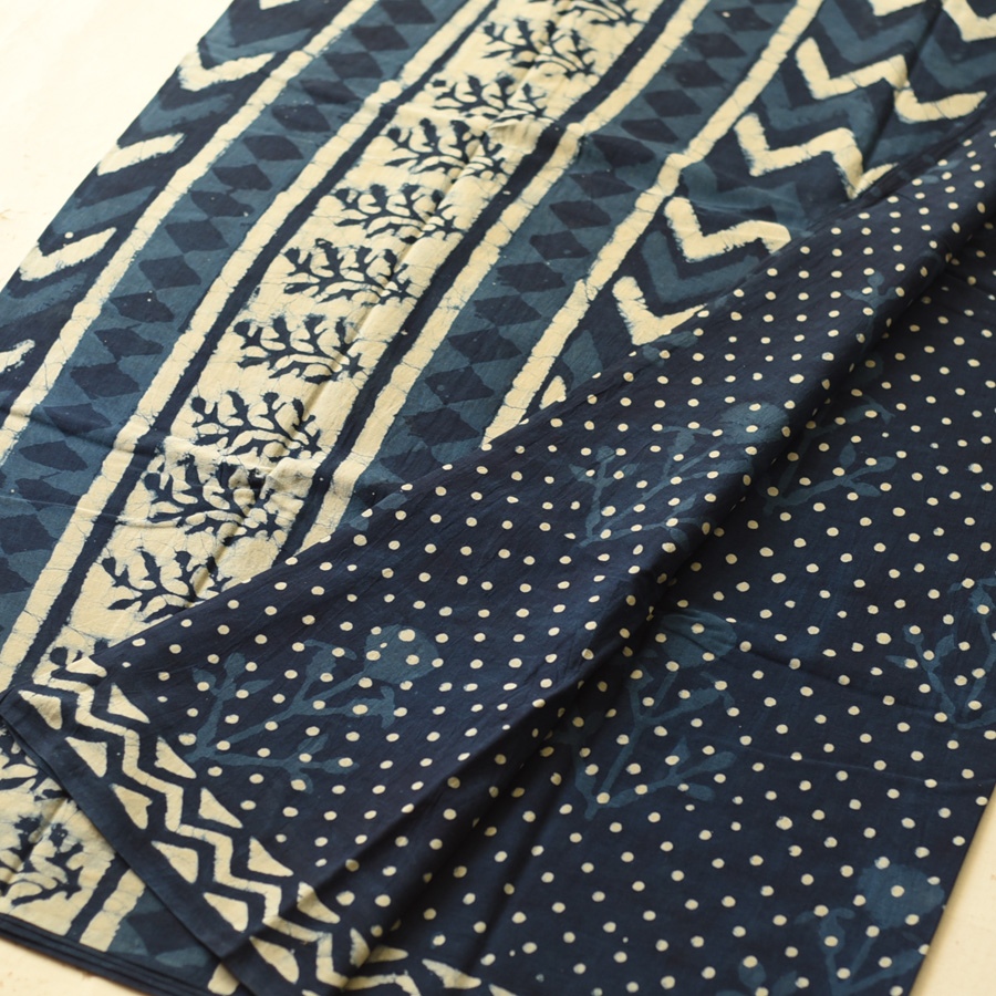 Exclusive Block Printed Cotton Dabu ~ Doted Indigo Saree