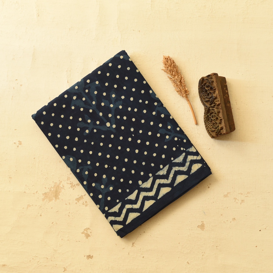 Exclusive Block Printed Cotton Dabu ~ Doted Indigo Saree