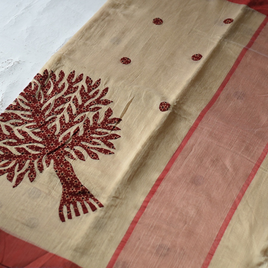 Shop patchwork Cotton Saree Red Ajrakh Applique