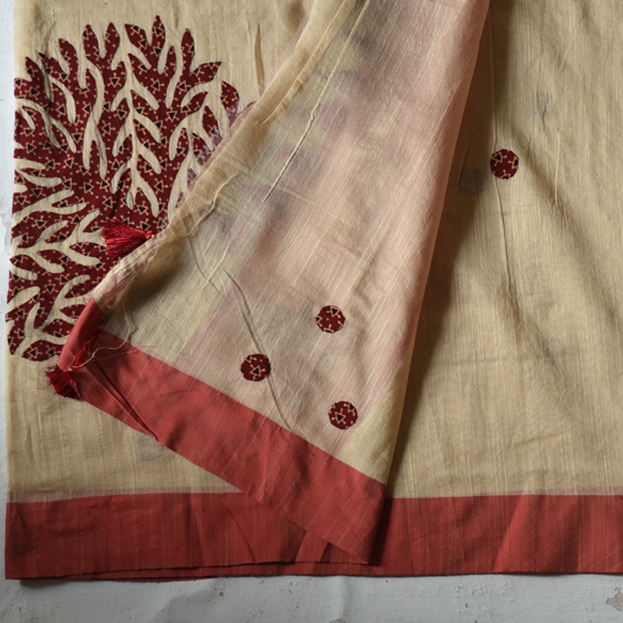 Shop patchwork Cotton Saree Red Ajrakh Applique