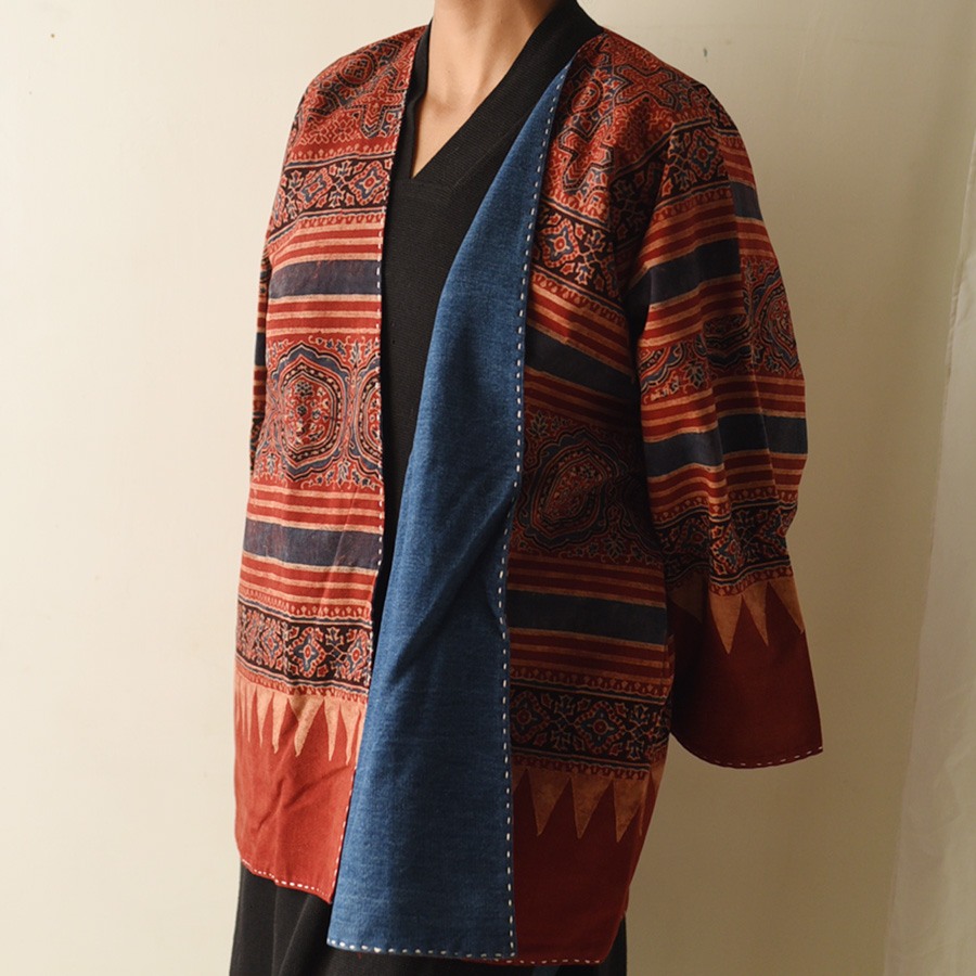 shop Reversible Ajrakh Block Printed & Denim Jacket