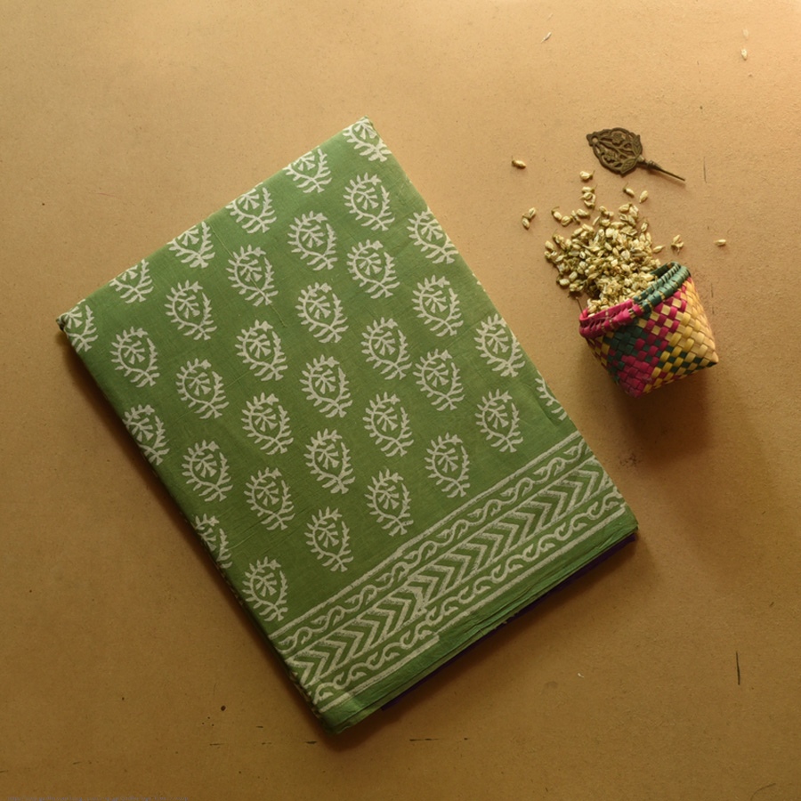 shop Bagru Block Printed Cotton Green Saree With Purple Pallu