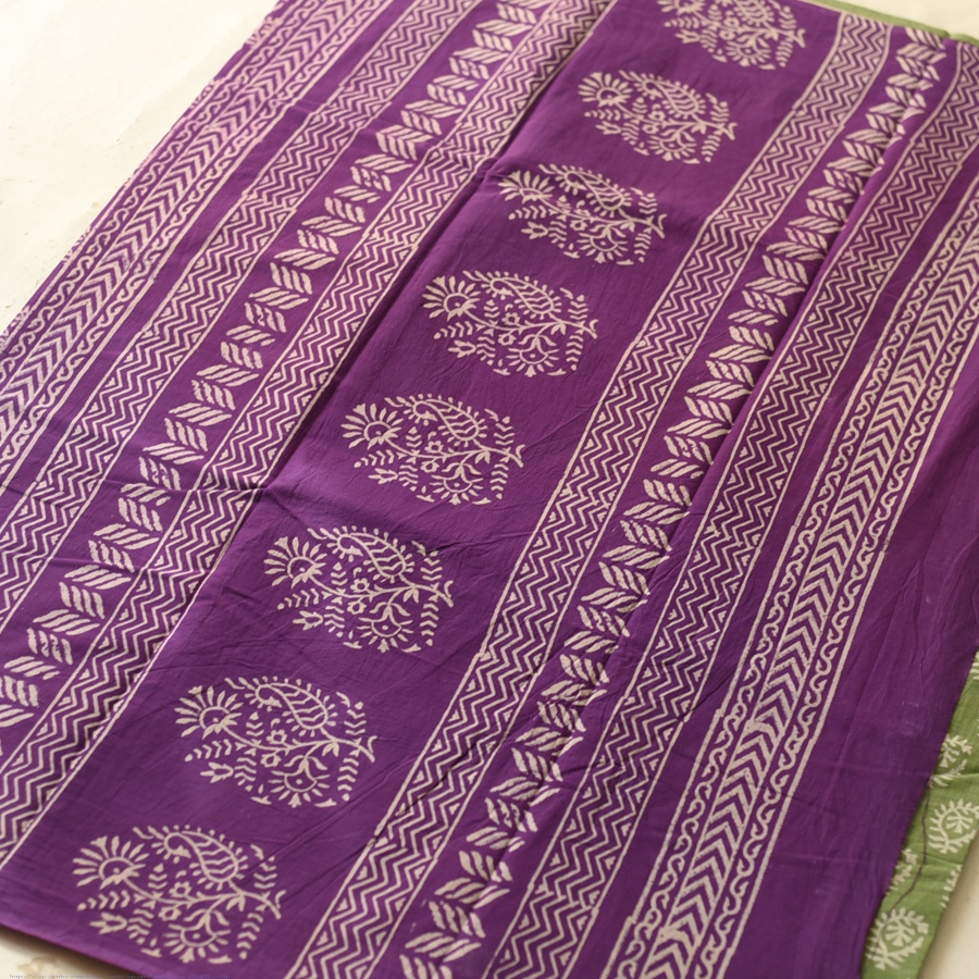 shop Bagru Block Printed Cotton Green Saree With Purple Pallu