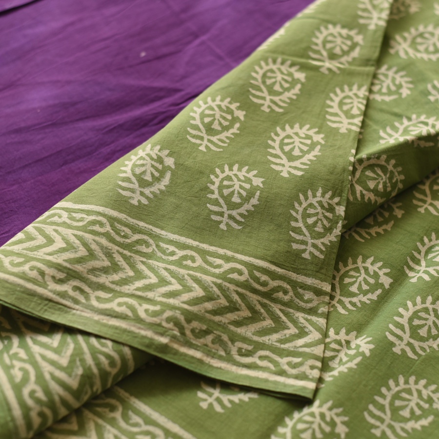 shop Bagru Block Printed Cotton Green Saree With Purple Pallu