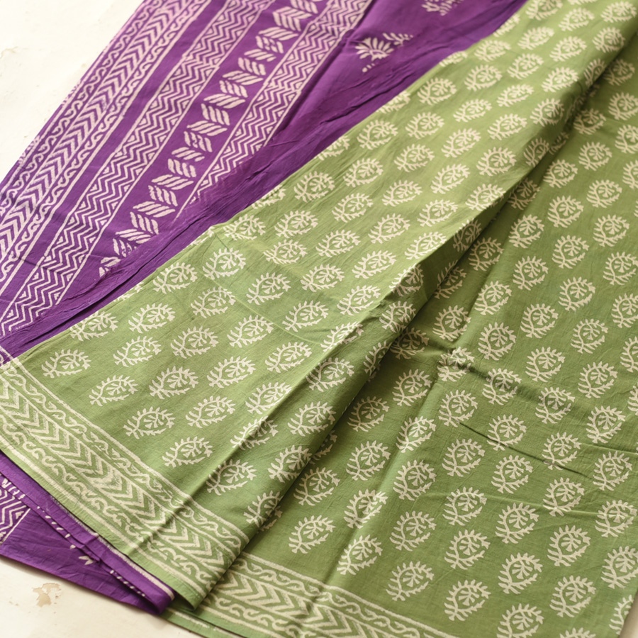 shop Bagru Block Printed Cotton Green Saree With Purple Pallu