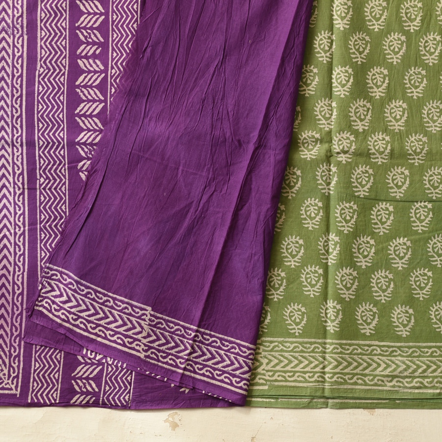 shop Bagru Block Printed Cotton Green Saree With Purple Pallu