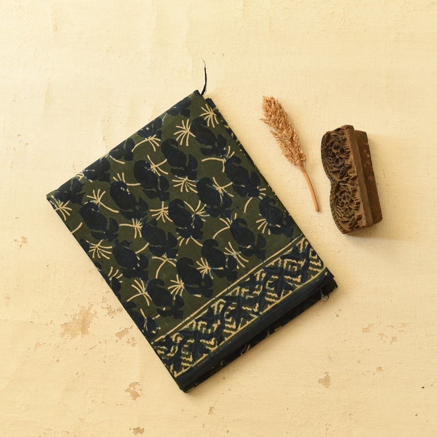 Exclusive Block Printed Cotton Dabu ~ green Saree