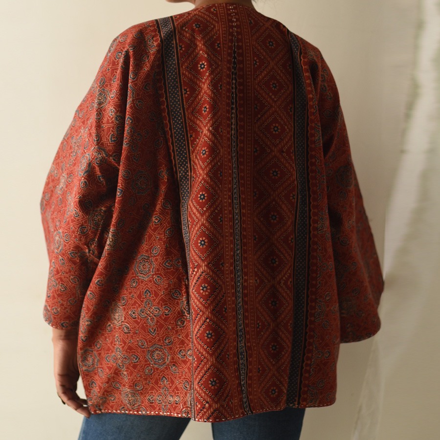 shop Reversible Ajrakh & Denim Jacket With Kantha Stitch