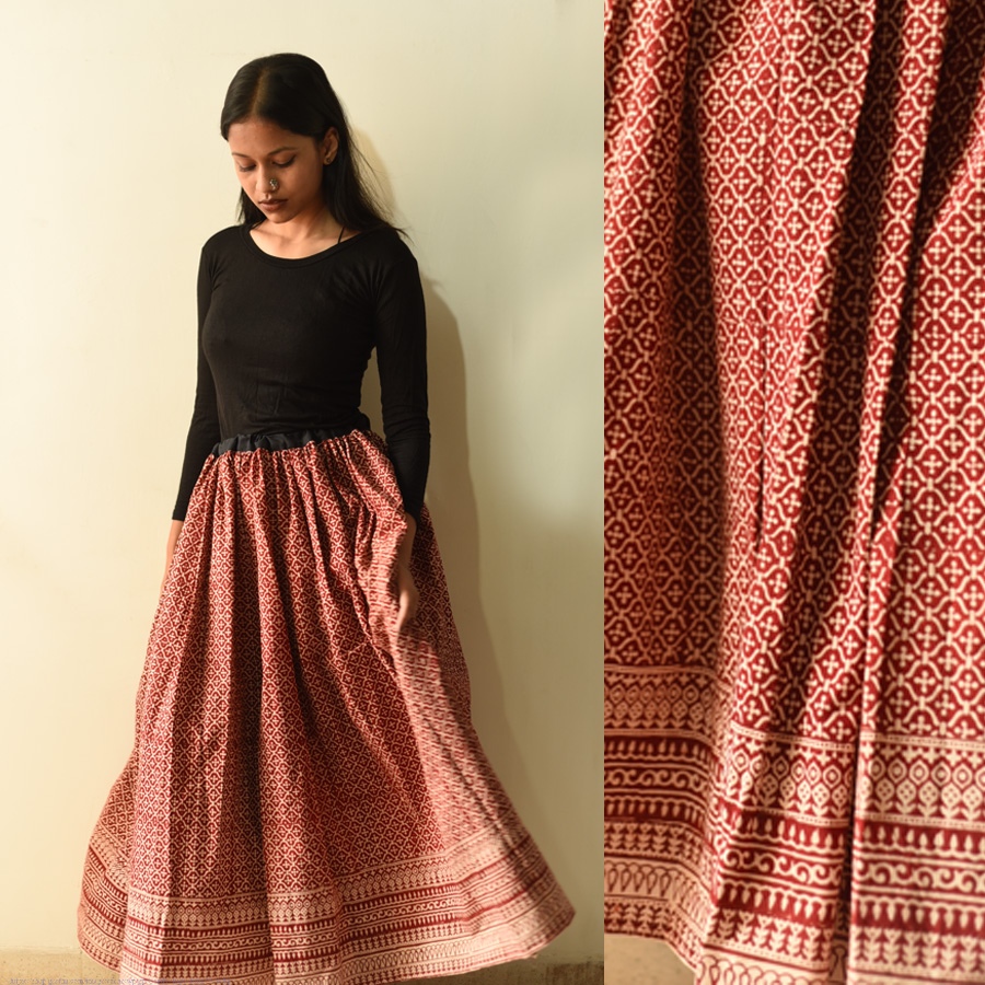 shop Jawariya Block Printed Long Skirt / Ghagra - Red