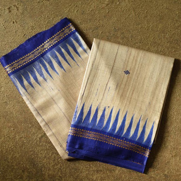 shop Handwoven Pure Tussar Silk Saree with ikat pallu