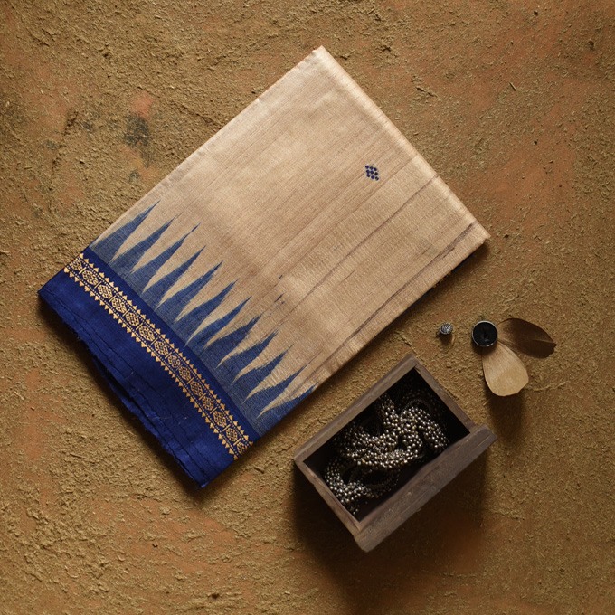 shop Handwoven Pure Tussar Silk Saree with ikat pallu