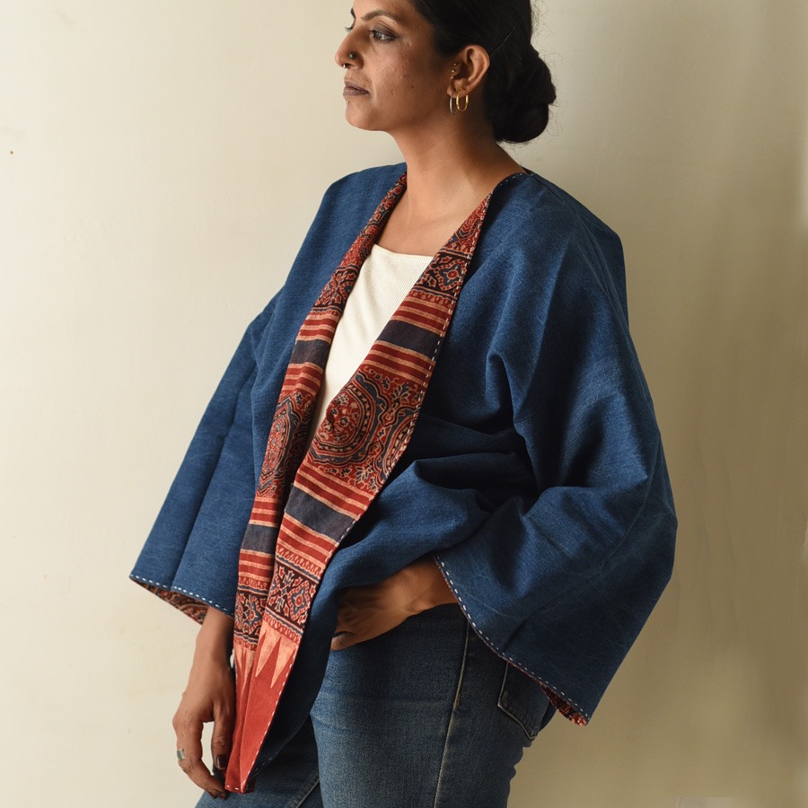 shop Reversible Ajrakh Block Printed & Denim Jacket  - Red