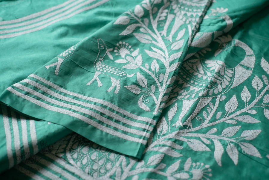 shop Kantha Hand Embroidered Silk Saree