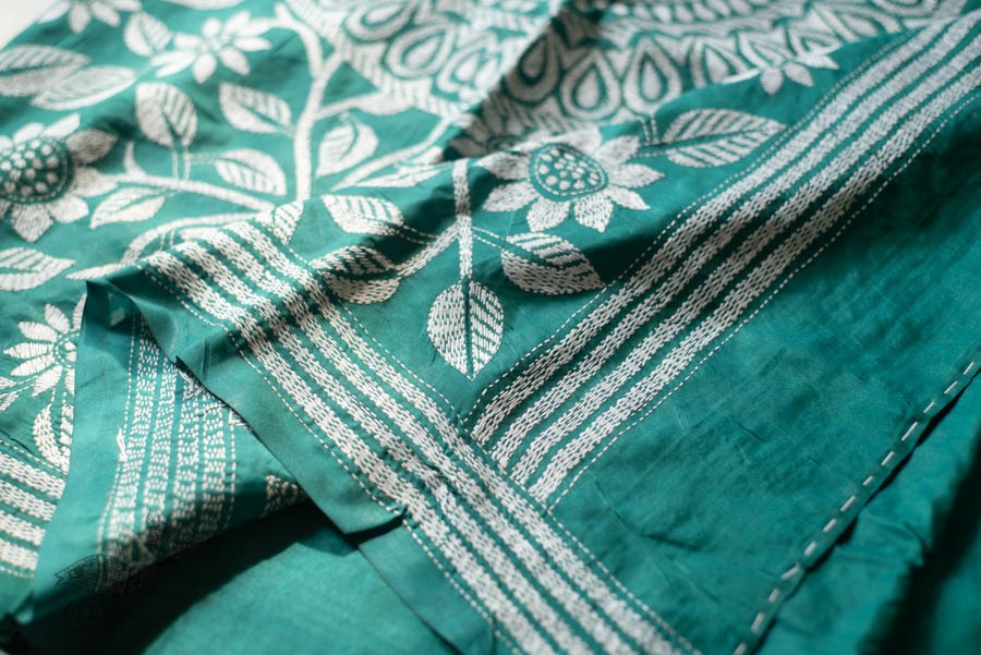 shop Kantha Hand Embroidered Silk Saree