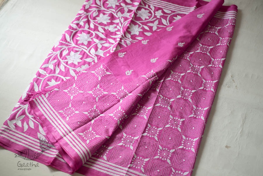 shop Kantha Hand Embroidered Silk Saree