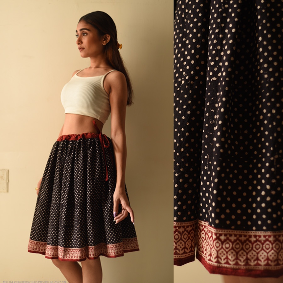 shop Jawariya Block Printed Short Skirt - Black Doted