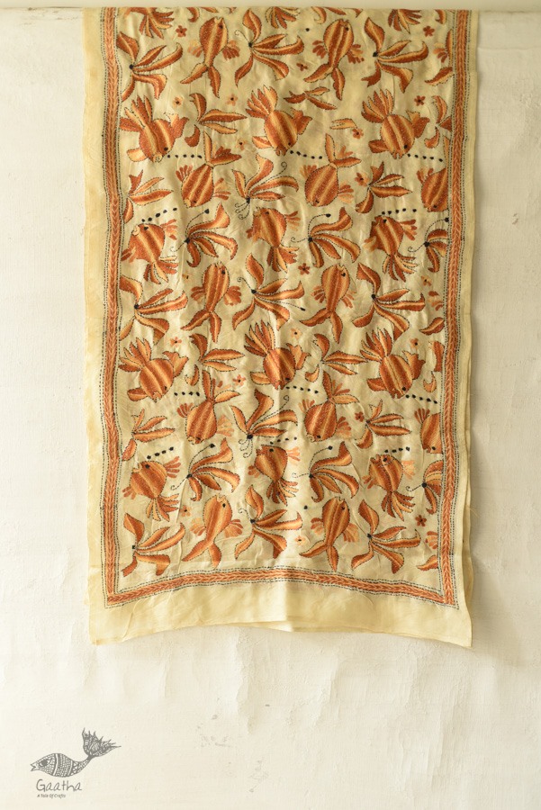 Kantha Tussar Silk Stole - Fish Hand Embroidery