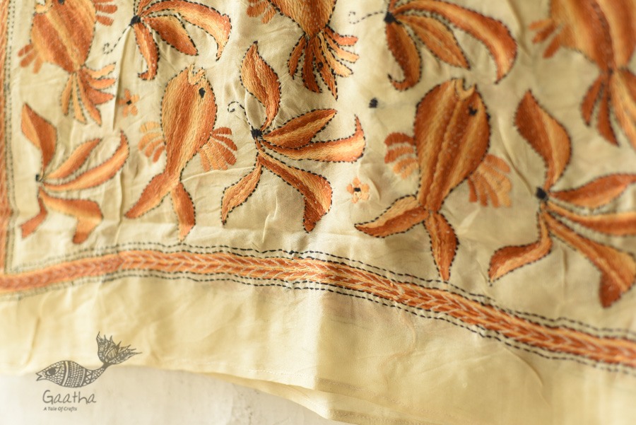 Kantha Tussar Silk Stole - Fish Hand Embroidery