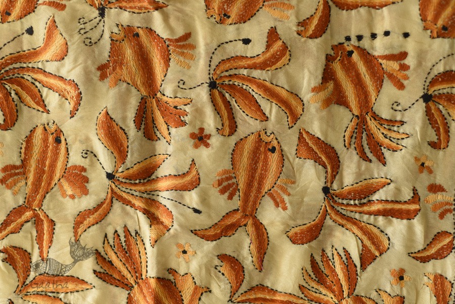 Kantha Tussar Silk Stole - Fish Hand Embroidery