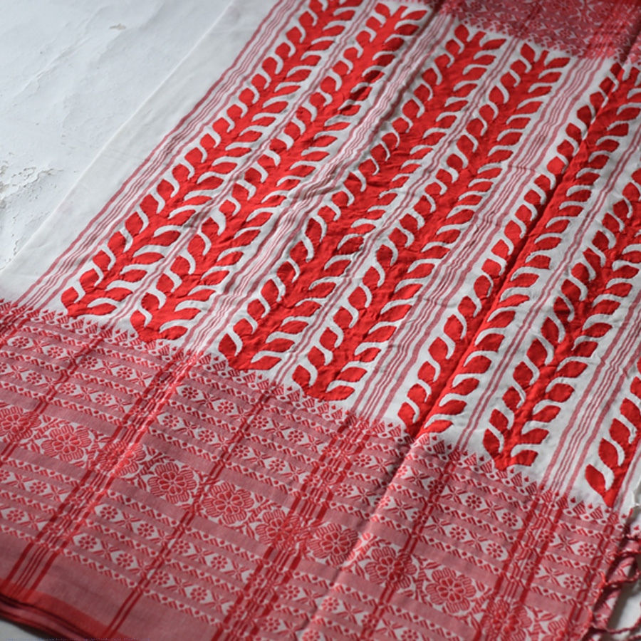 Shop Red Ajrakh Patchwork ~ Cream Cotton Saree