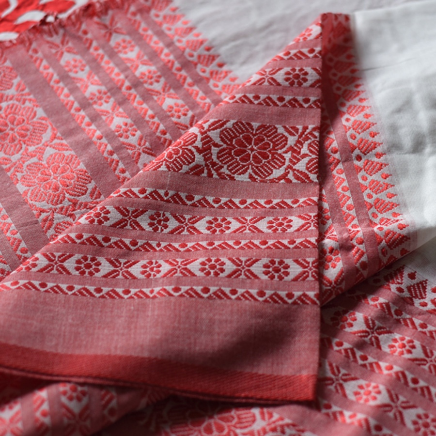 Shop Red Ajrakh Patchwork ~ Cream Cotton Saree