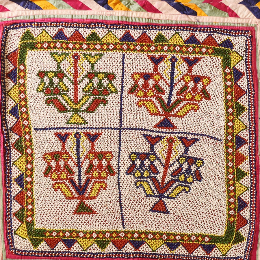 Gujrat Bead Work - Old & Antique Wall Hanging - Flower Pot Motif