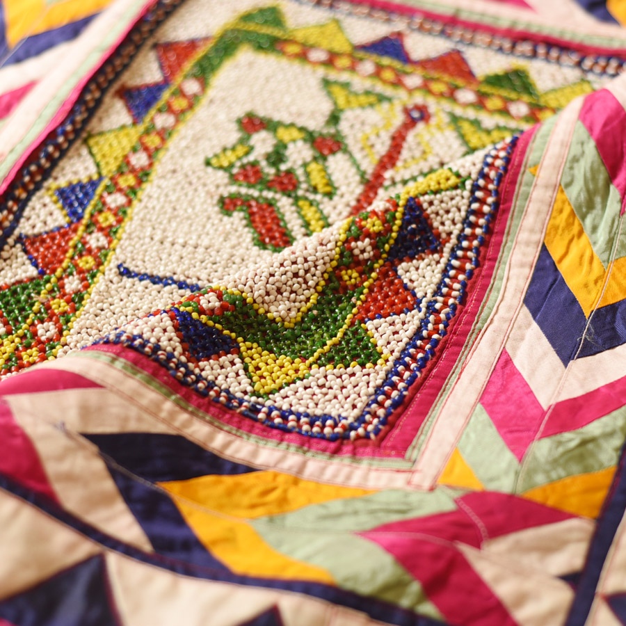 Gujrat Bead Work - Old & Antique Wall Hanging - Flower Pot Motif