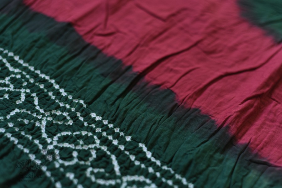 latest collection of cotton bandhni saree - green and dark pink color