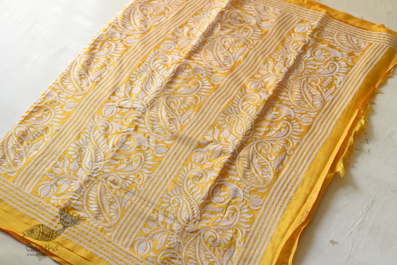 shop Kantha Embroidery ~ Lime Yellow Silk Saree