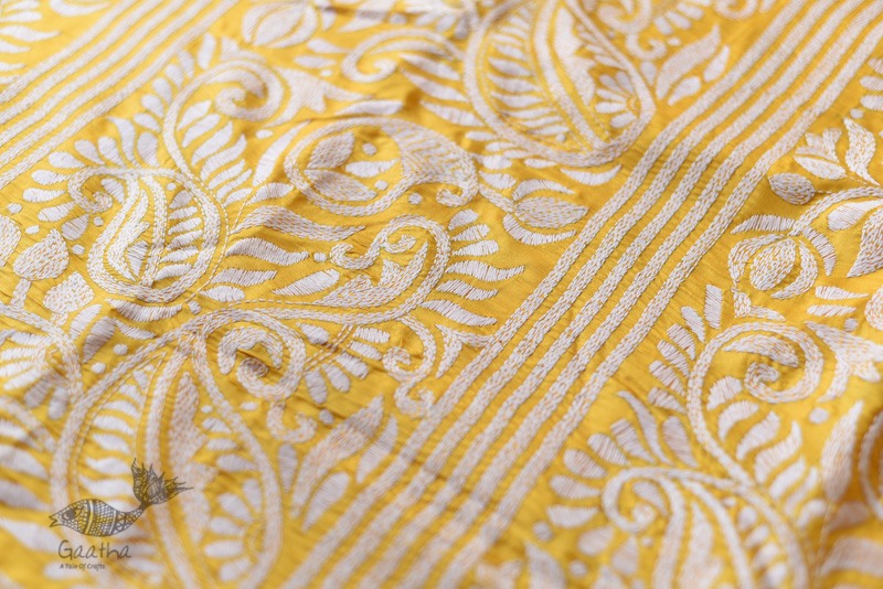 shop Kantha Embroidery ~ Lime Yellow Silk Saree